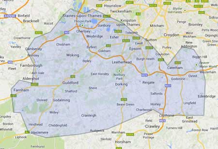 Map of Surrey and surrounding areas